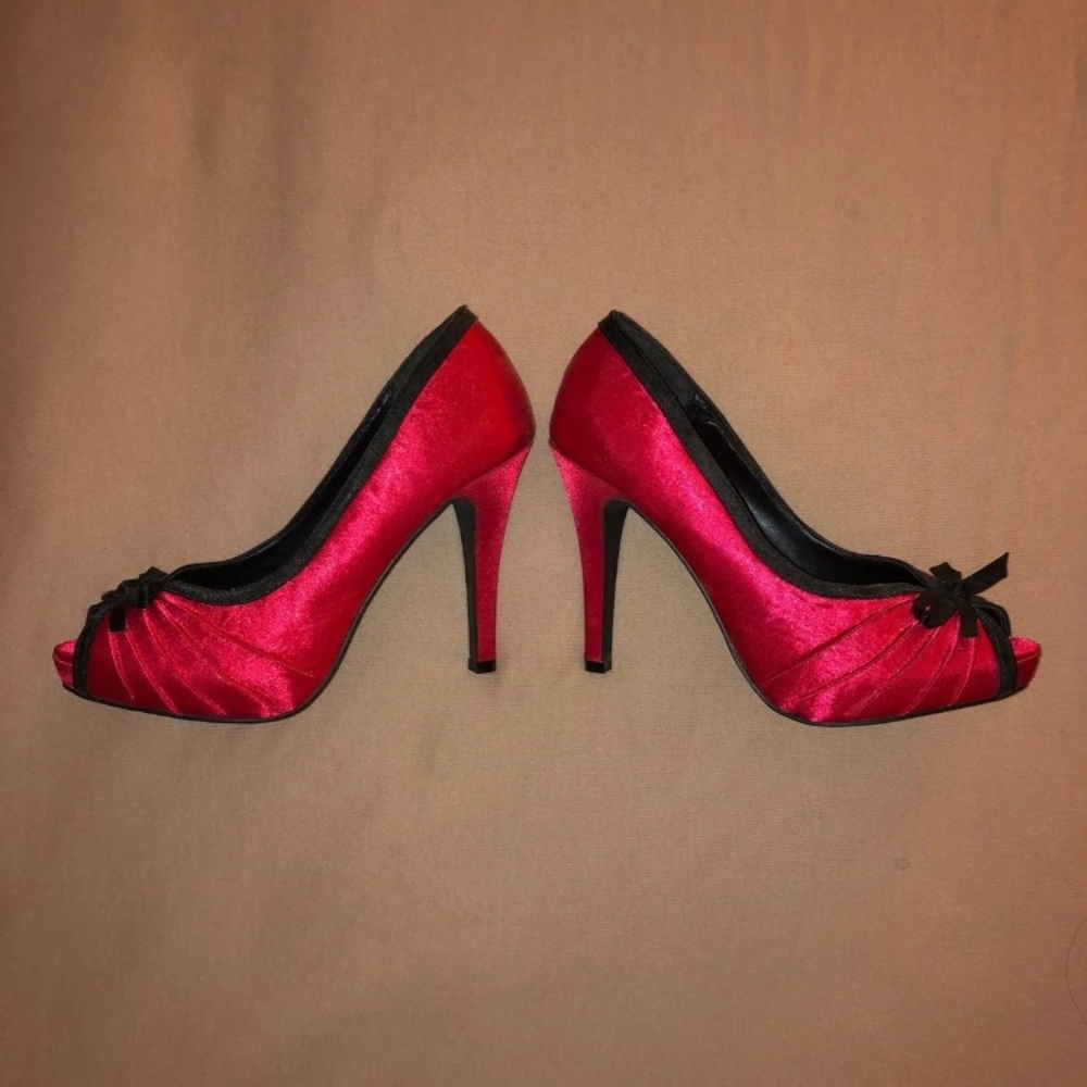 Red Satin Peep Toe Heels